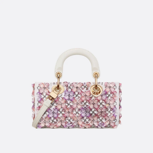 Tasche Lady Dj Micro – Weißes Kalbsleder mit Rosa Blumenstickerei & Strass
