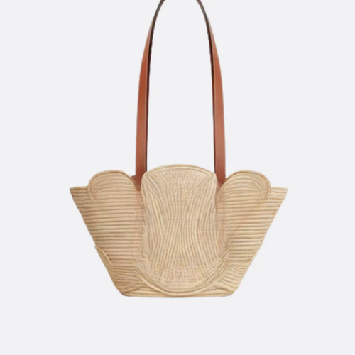 Tasche Cln Classic Kleiner Korb mit Geflochtenem Besatz aus Raffia & Kalbsleder