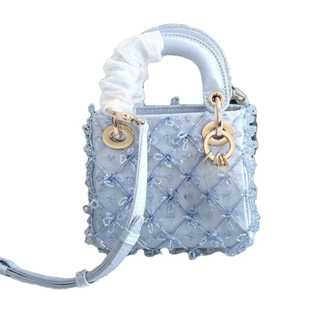 Tasche Micro Blau & Kristall-Sandalen – DR