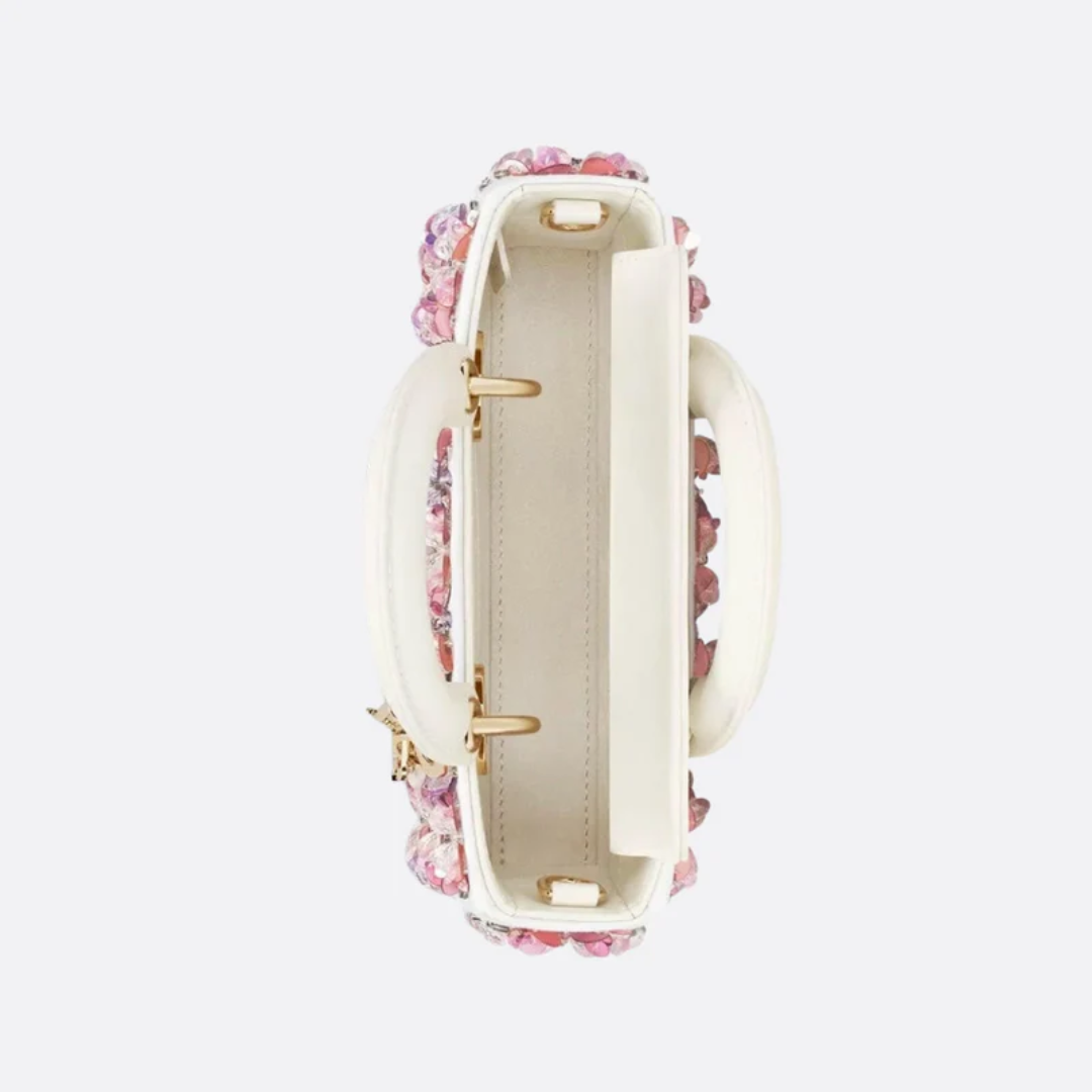 Tasche Lady Dj Micro – Weißes Kalbsleder mit Rosa Blumenstickerei & Strass