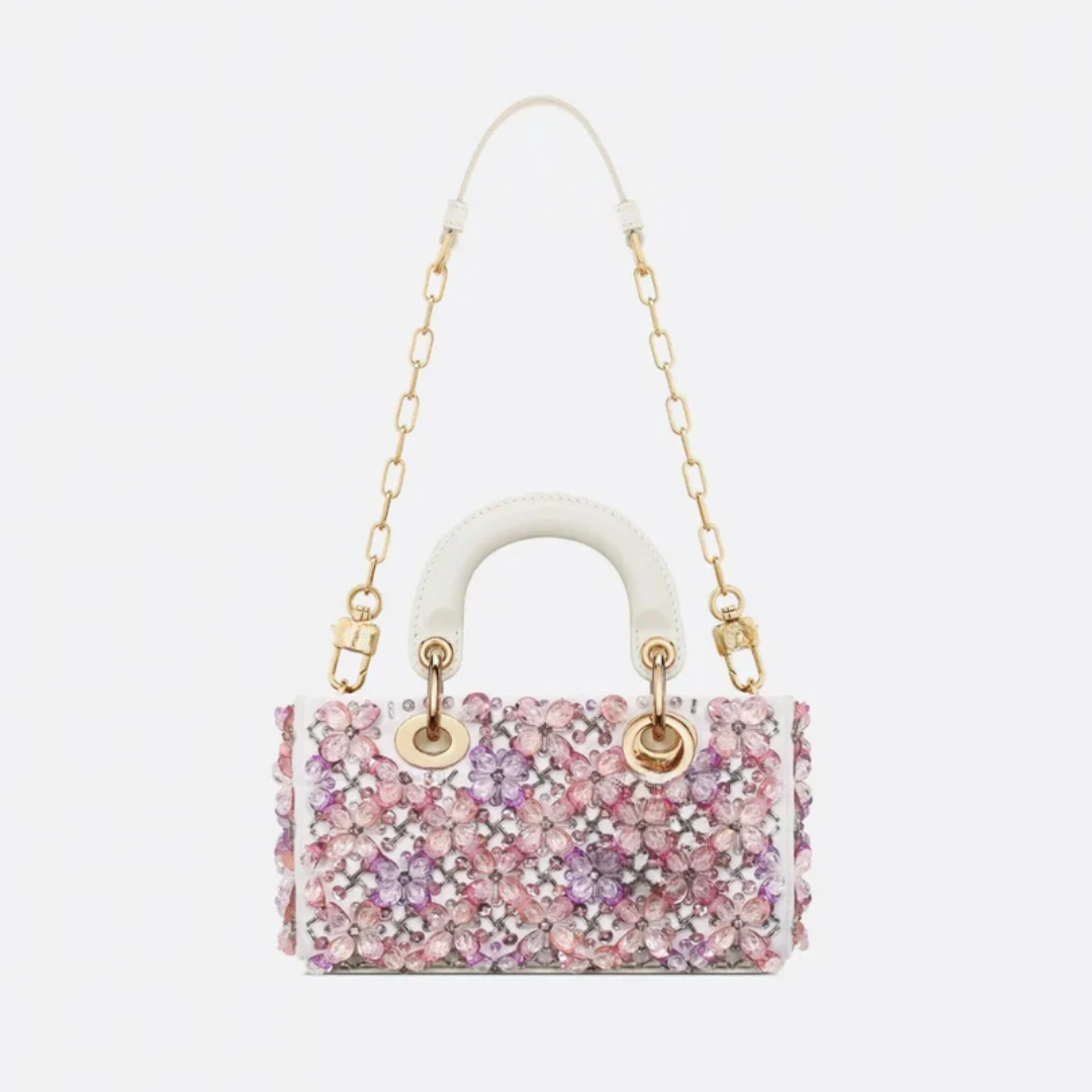 Tasche Lady Dj Micro – Weißes Kalbsleder mit Rosa Blumenstickerei & Strass