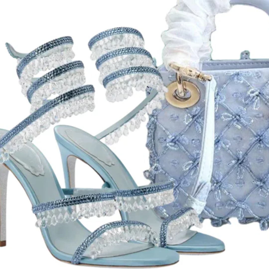 Tasche Micro Blau & Kristall-Sandalen – DR