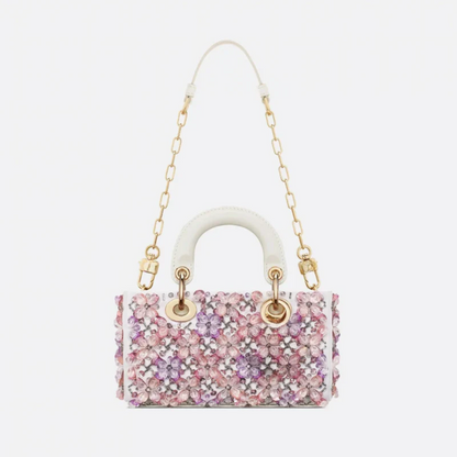 Tasche Lady Dj Micro – Weißes Kalbsleder mit Rosa Blumenstickerei & Strass
